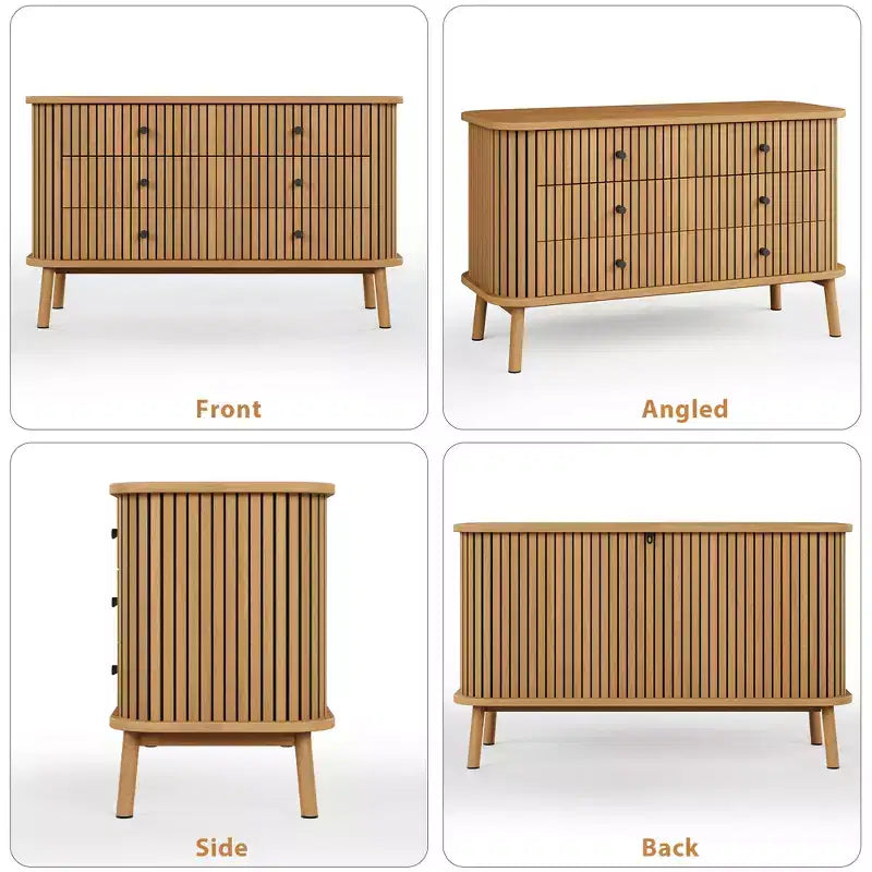 Commode en bois 6 tiroirs, style cannelé, naturel, 1 personne
