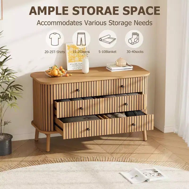 Commode en bois 6 tiroirs, style cannelé, naturel, 1 personne