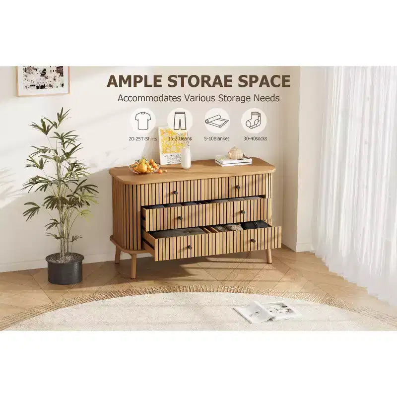 Commode en bois 6 tiroirs, style cannelé, naturel, 1 personne