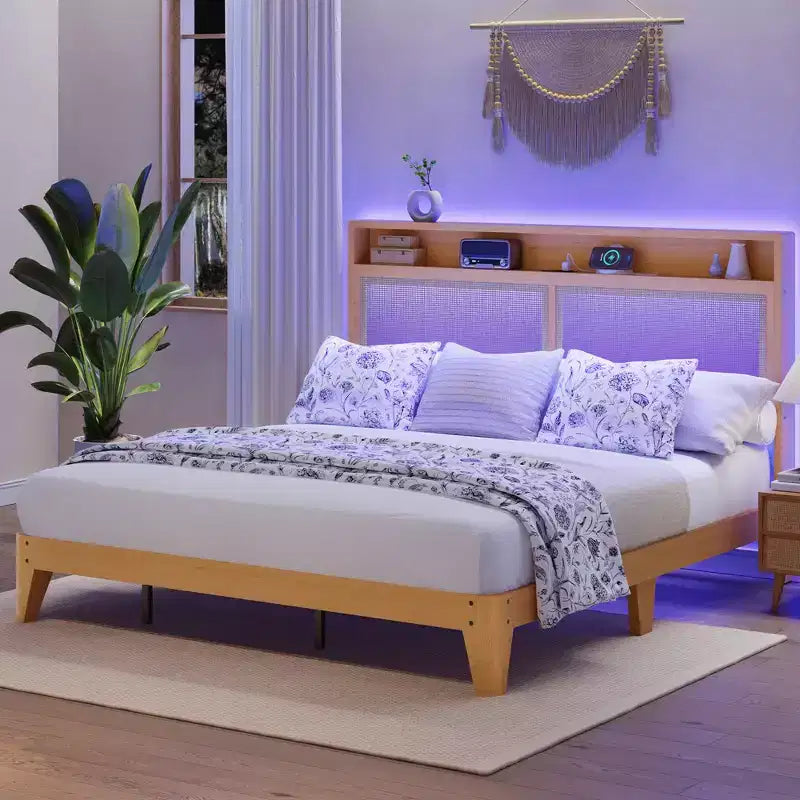Cadre de lit en rotin brun naturel avec éclairage LED et chargeur – Grand lit, 1 personne