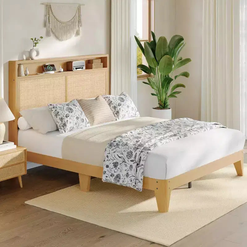 Cadre de lit en rotin brun naturel avec éclairage LED et chargeur – Grand lit, 1 personne