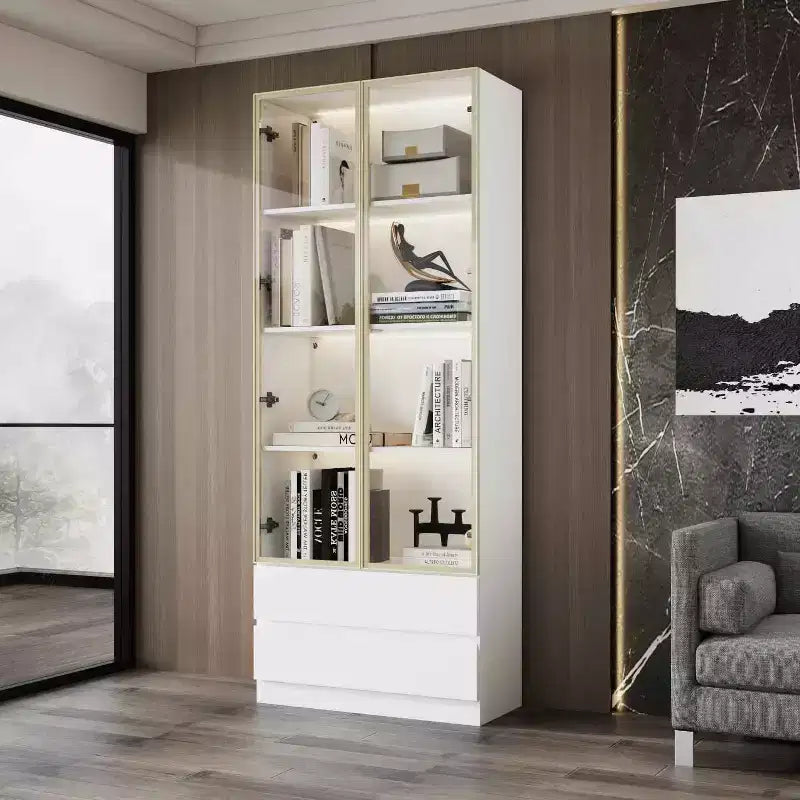 Famapy White Bookcase Glass - Door Storage Cabinet Display Cabinet with LED Lights - Multifunctional Storage Unit