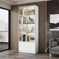 Famapy White Bookcase Glass - Door Storage Cabinet Display Cabinet with LED Lights - Multifunctional Storage Unit