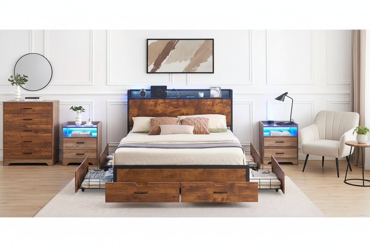 Bed Frame with Storage and Charging Station,with 4 Storage Drawers, Headboard, USB & Type-C Ports, Large Mesh Baskets, No Box Spring Needed