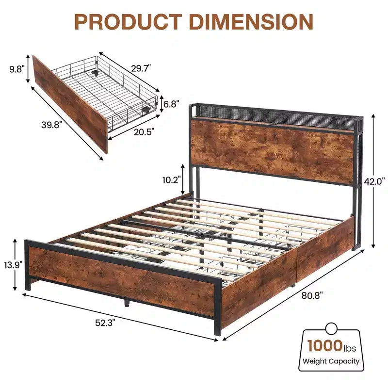 Cadre de lit vintage marron moderne avec rangement, 4 tiroirs + chargement USB, double/grand lit