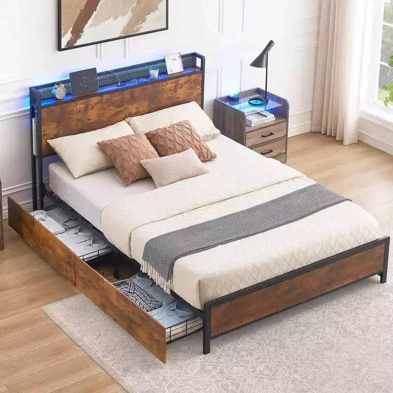Cadre de lit vintage marron moderne avec rangement, 4 tiroirs + chargement USB, double/grand lit