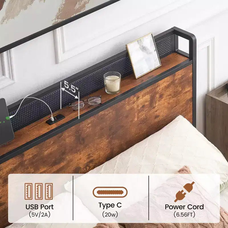 Cadre de lit vintage marron moderne avec rangement, 4 tiroirs + chargement USB, double/grand lit