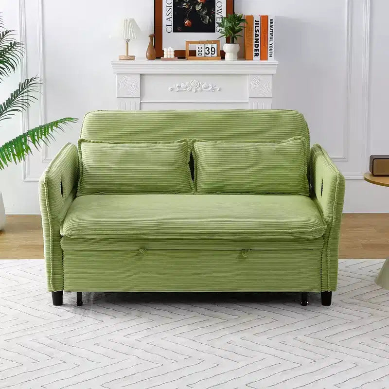 MAYEERTY Green Letter Striped Fabric Multifunctional Loveseat Sofa Bed for Bedroom Living Room
