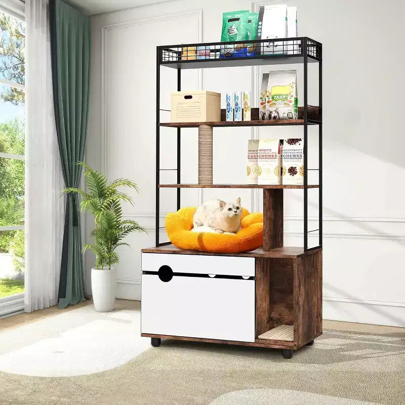 Cat Litter Box Enclosure with 4-Tier Storage - Hidden Litter Box Furniture with Scratching Post