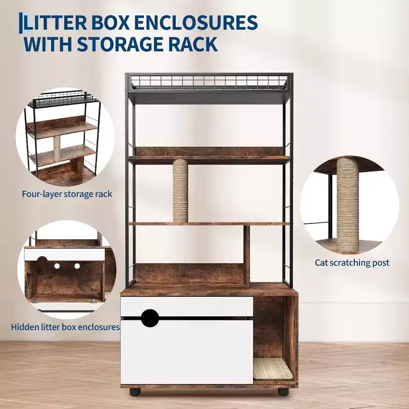 Armoire de litière pour chat vintage marron avec étagère de rangement, 1 chat