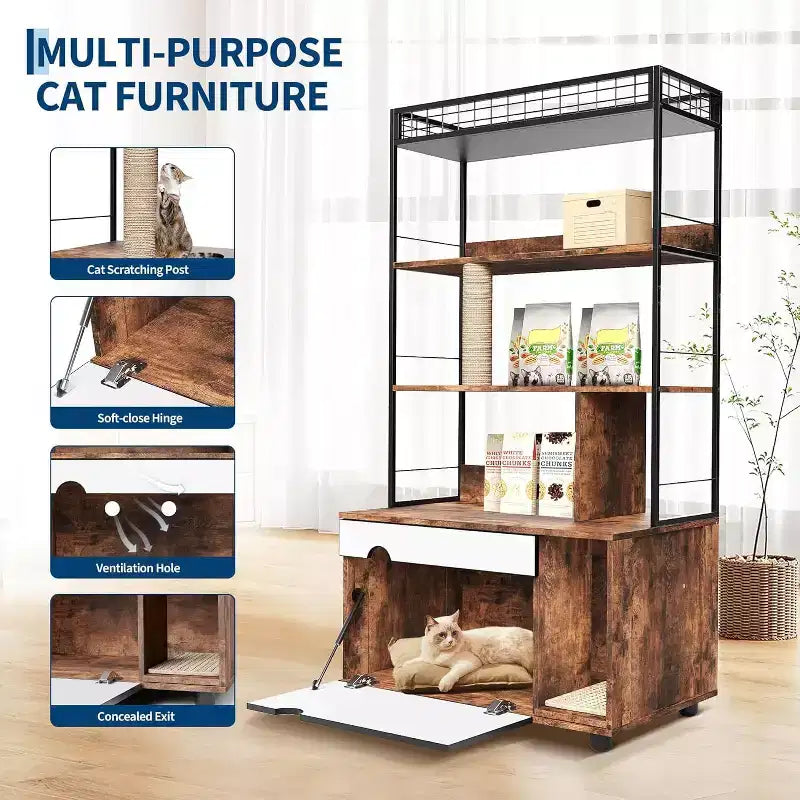 Armoire de litière pour chat vintage marron avec étagère de rangement, 1 chat