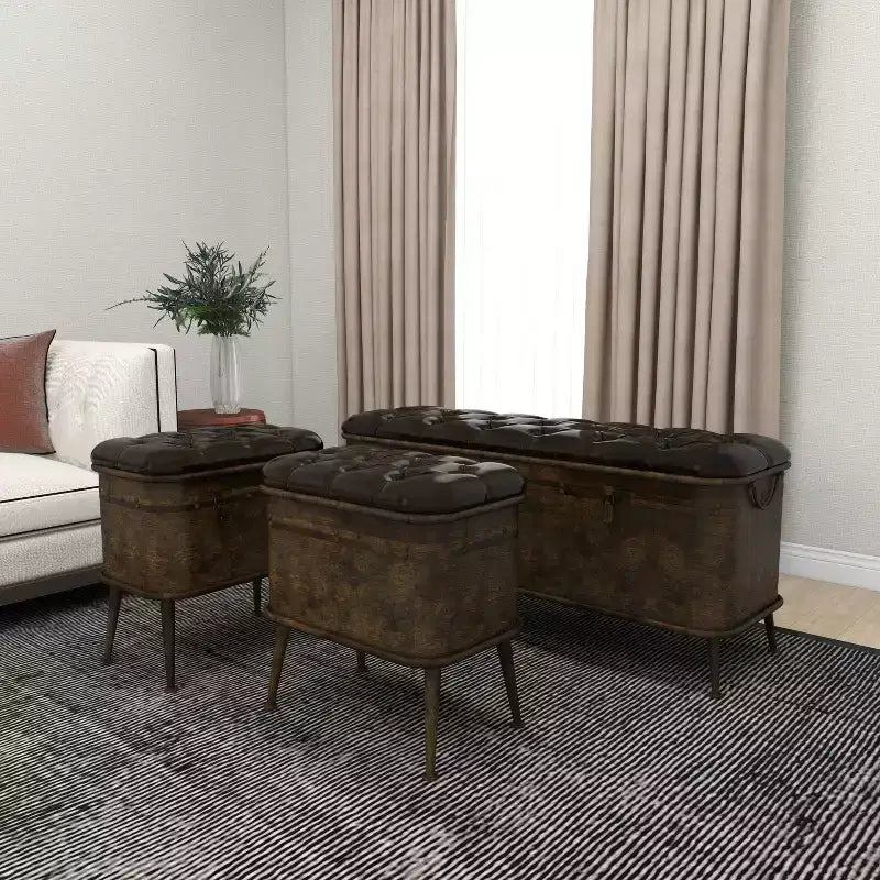 Ensemble de 3 bancs de rangement marron en similicuir touffeté vintage, 4 places