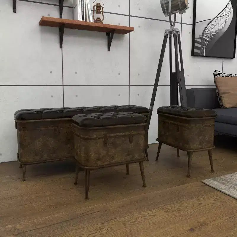 Ensemble de 3 bancs de rangement marron en similicuir touffeté vintage, 4 places
