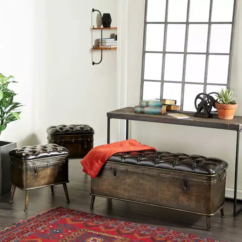 Ensemble de 3 bancs de rangement marron en similicuir touffeté vintage, 4 places