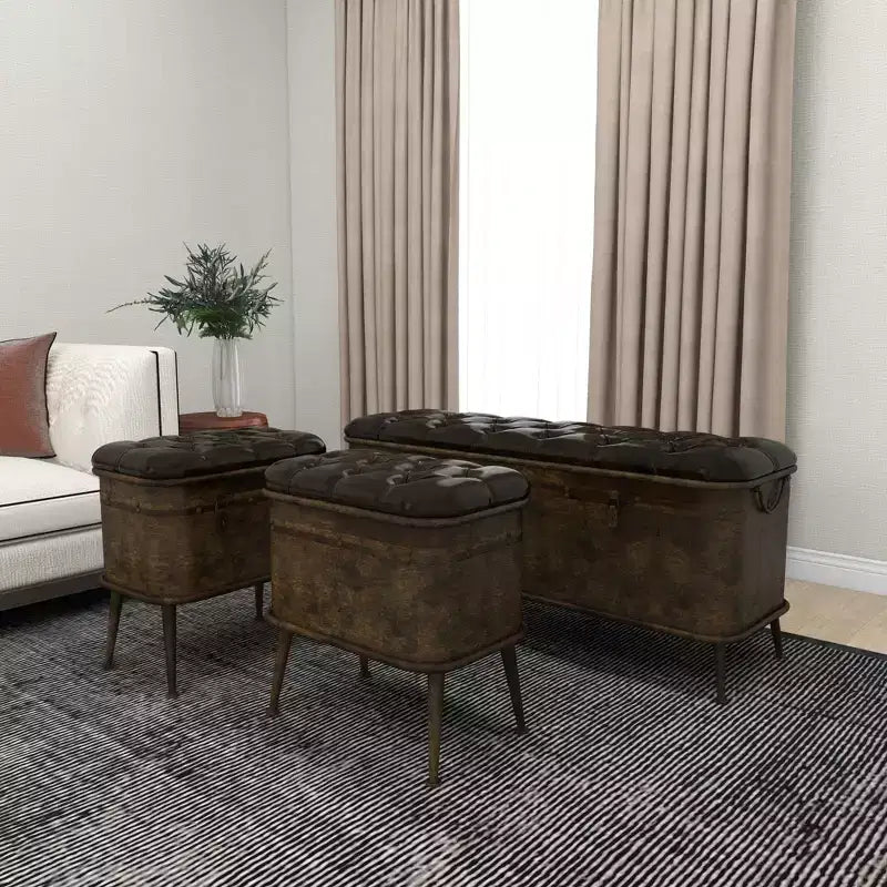 Ensemble de 3 bancs de rangement marron en similicuir touffeté vintage, 4 places