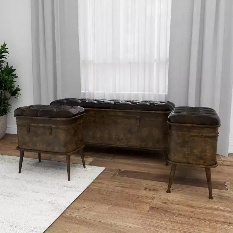 Ensemble de 3 bancs de rangement marron en similicuir touffeté vintage, 4 places