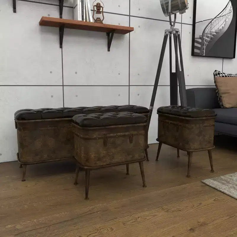 Ensemble de 3 bancs de rangement marron en similicuir touffeté vintage, 4 places