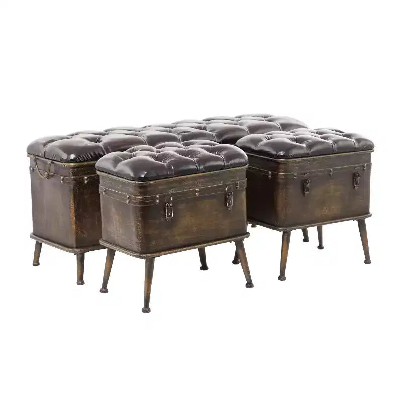 Ensemble de 3 bancs de rangement marron en similicuir touffeté vintage, 4 places