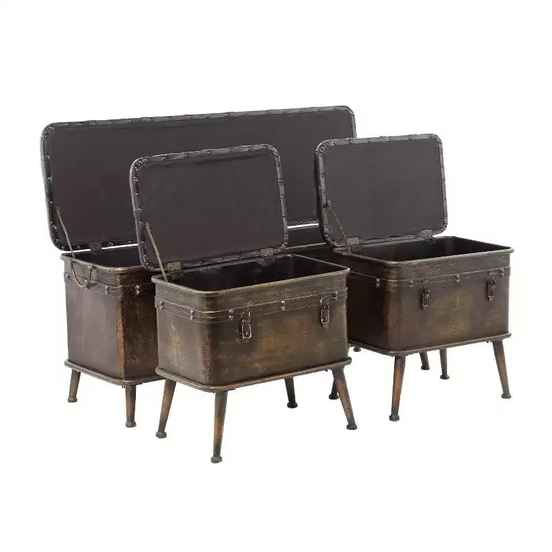 Ensemble de 3 bancs de rangement marron en similicuir touffeté vintage, 4 places