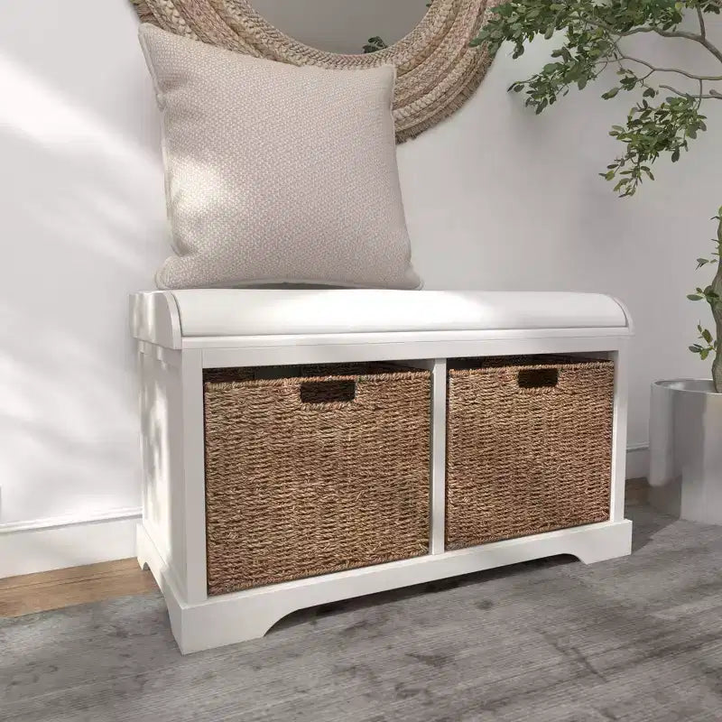 Banc de rangement capitonné blanc, lin, 1 place