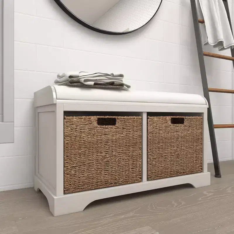 Banc de rangement capitonné blanc, lin, 1 place