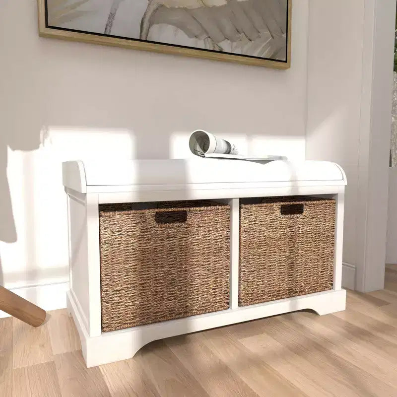 Banc de rangement capitonné blanc, lin, 1 place