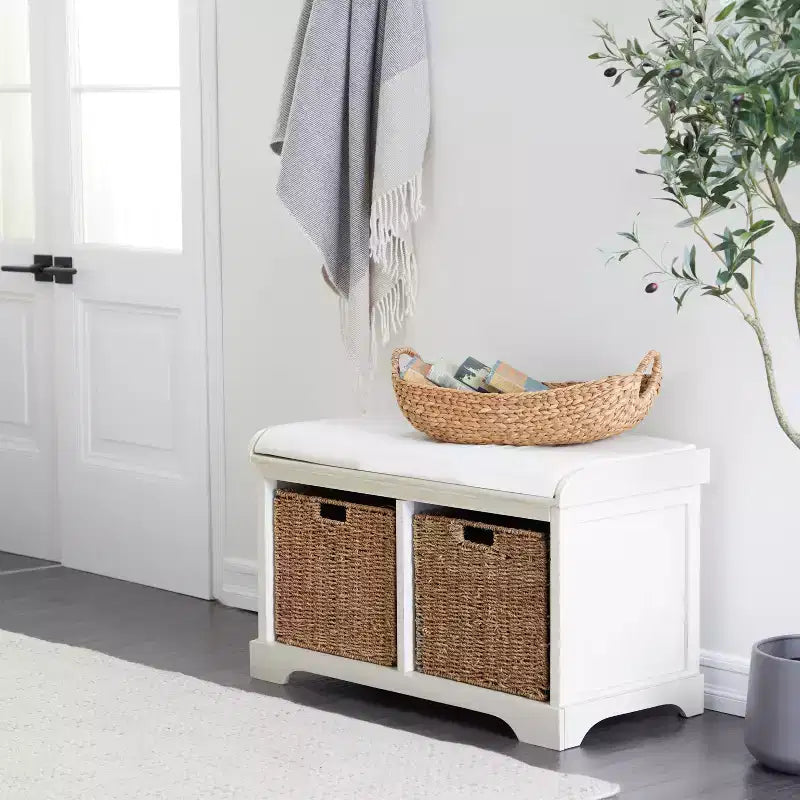 Banc de rangement capitonné blanc, lin, 1 place