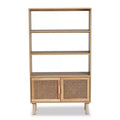55.1" Faulkner Natural Wood Rattan 2 Door Bookcase Brown - Baxton Studio: Mid-Century Design, 3 Shelves