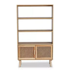 55.1" Faulkner Natural Wood Rattan 2 Door Bookcase Brown - Baxton Studio: Mid-Century Design, 3 Shelves