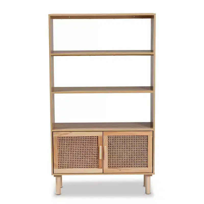 55.1" Faulkner Natural Wood Rattan 2 Door Bookcase Brown - Baxton Studio: Mid-Century Design, 3 Shelves