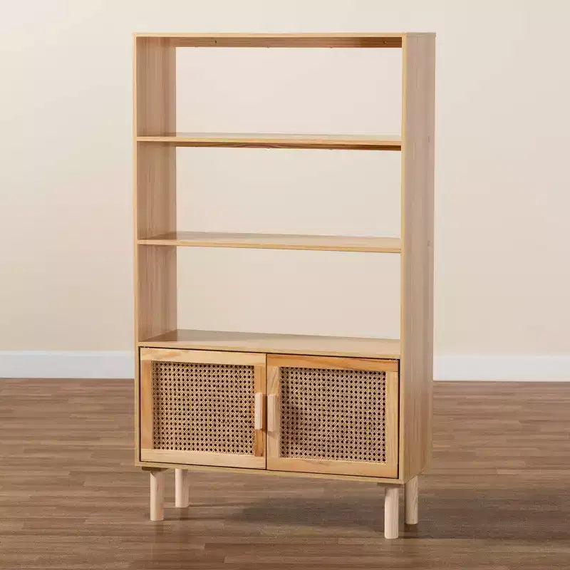 Bibliothèque à 2 portes en rotin naturel et marron – Style Mid-Century, 4 étagères