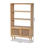 Bibliothèque à 2 portes en rotin naturel et marron – Style Mid-Century, 4 étagères
