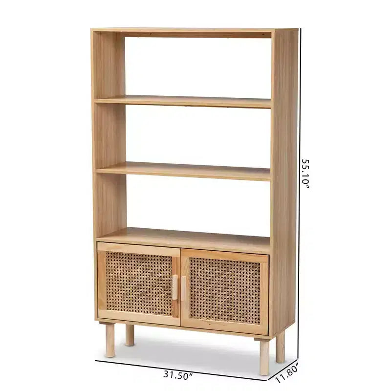 Bibliothèque à 2 portes en rotin naturel et marron – Style Mid-Century, 4 étagères