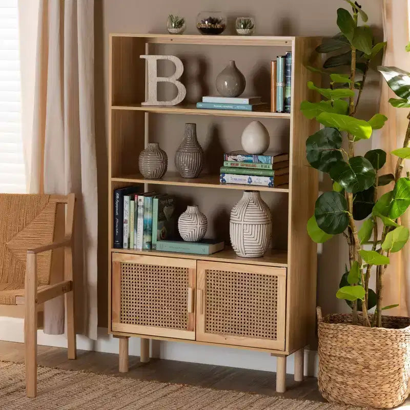 Bibliothèque à 2 portes en rotin naturel et marron – Style Mid-Century, 4 étagères