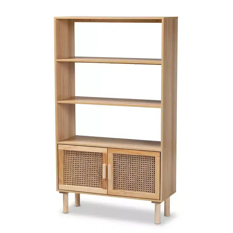 Bibliothèque à 2 portes en rotin naturel et marron – Style Mid-Century, 4 étagères