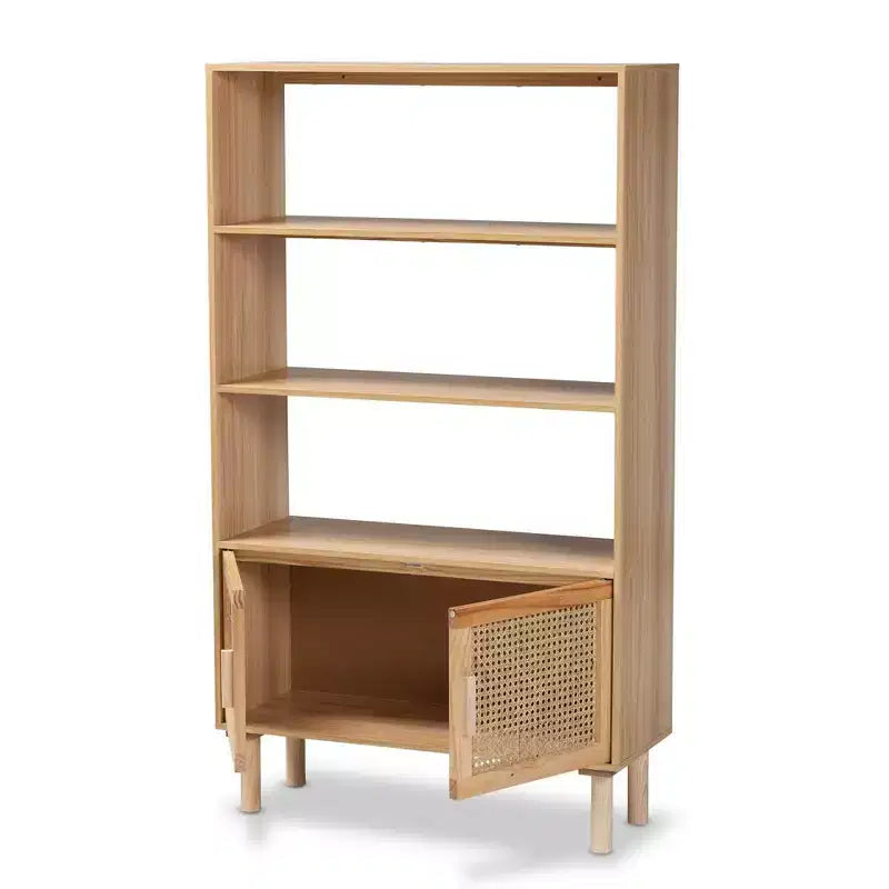 Bibliothèque à 2 portes en rotin naturel et marron – Style Mid-Century, 4 étagères
