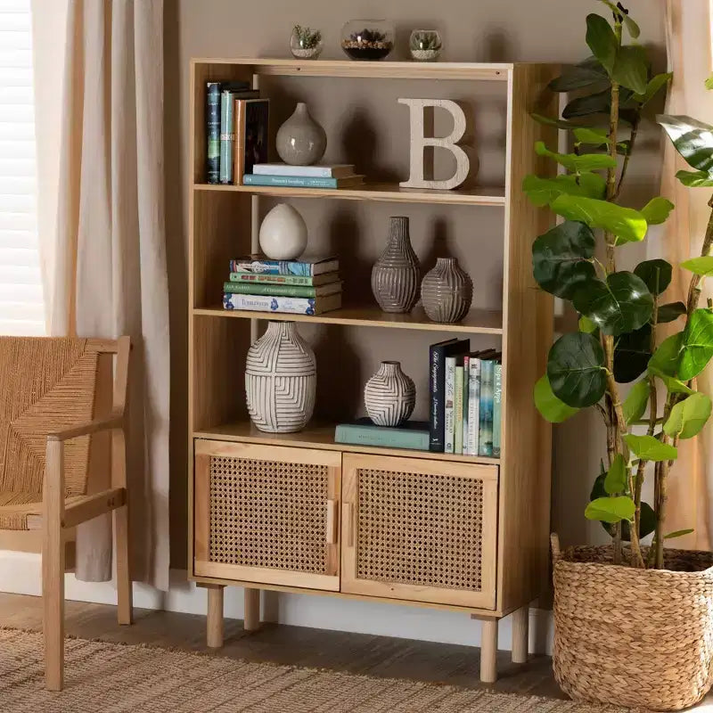 Bibliothèque à 2 portes en rotin naturel et marron – Style Mid-Century, 4 étagères
