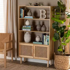 Bibliothèque à 2 portes en rotin naturel et marron – Style Mid-Century, 4 étagères