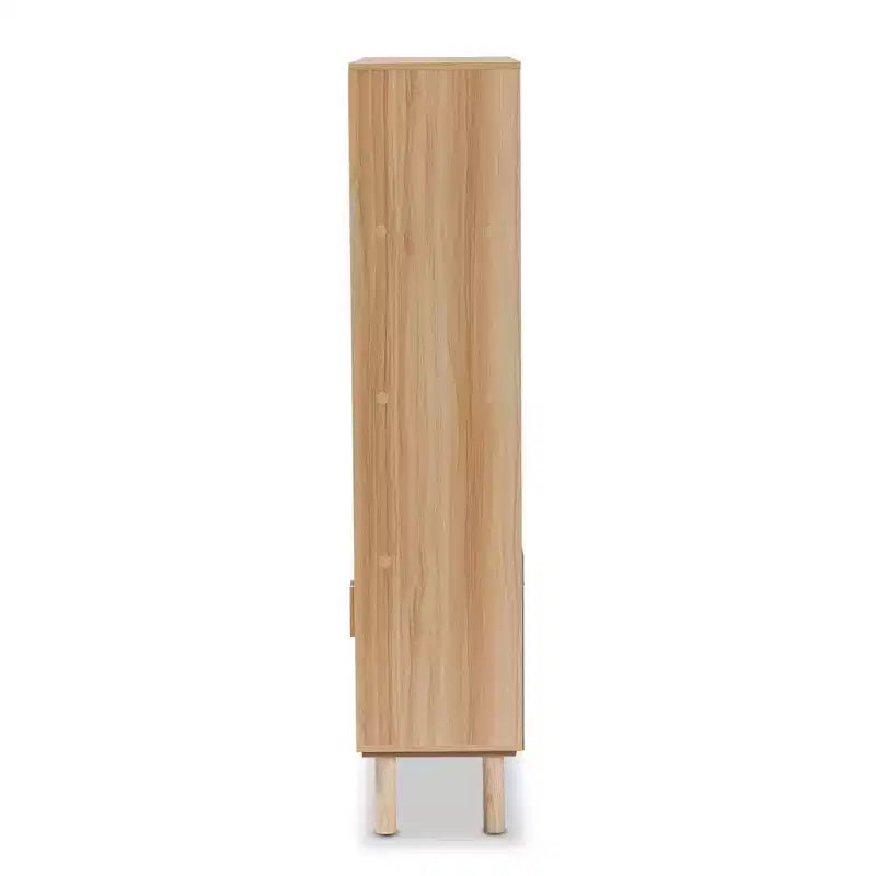Bibliothèque à 2 portes en rotin naturel et marron – Style Mid-Century, 4 étagères