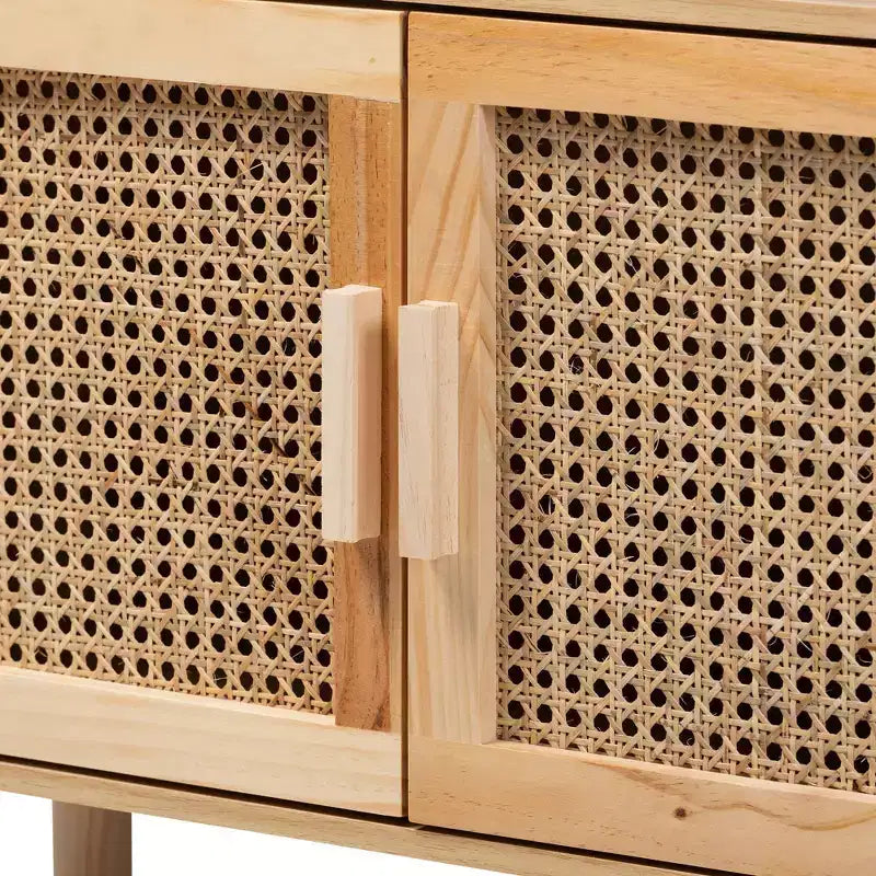 Bibliothèque à 2 portes en rotin naturel et marron – Style Mid-Century, 4 étagères