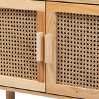 Bibliothèque à 2 portes en rotin naturel et marron – Style Mid-Century, 4 étagères