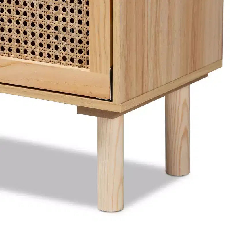 Bibliothèque à 2 portes en rotin naturel et marron – Style Mid-Century, 4 étagères