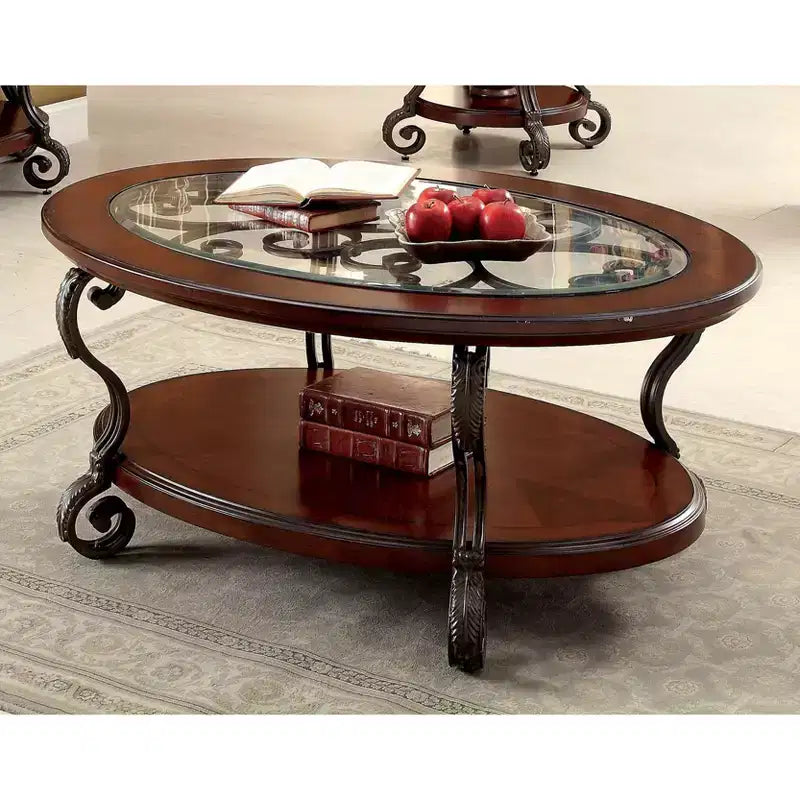 Table basse ovale marron avec plateau en verre et étagère de rangement ouverte
