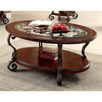 Table basse ovale marron avec plateau en verre et étagère de rangement ouverte