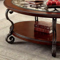 Table basse ovale marron avec plateau en verre et étagère de rangement ouverte
