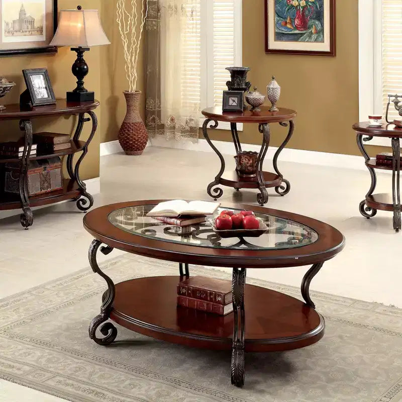 Table basse ovale marron avec plateau en verre et étagère de rangement ouverte