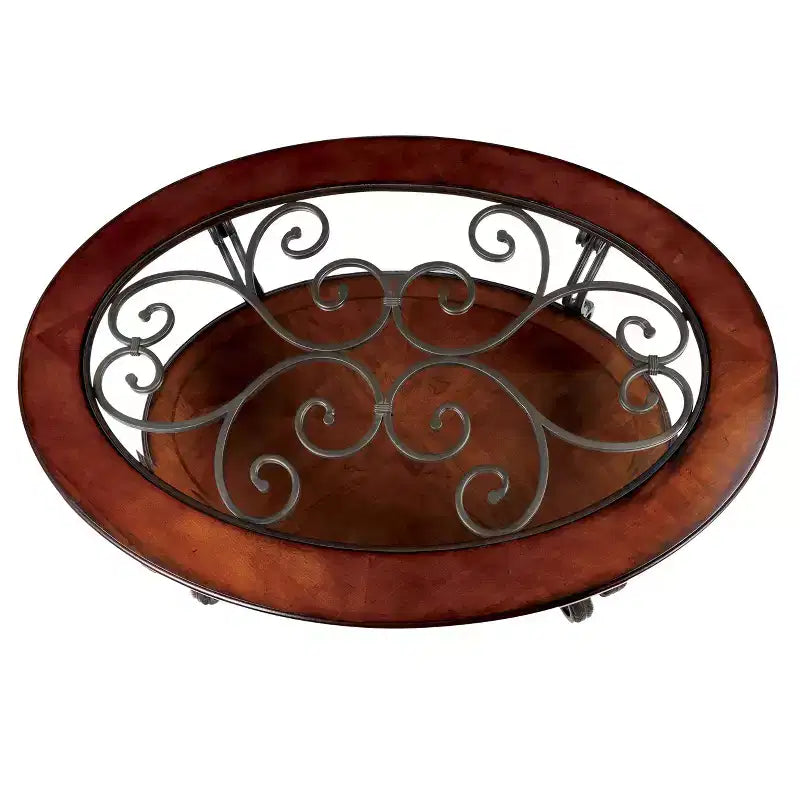 Table basse ovale marron avec plateau en verre et étagère de rangement ouverte