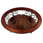 Table basse ovale marron avec plateau en verre et étagère de rangement ouverte