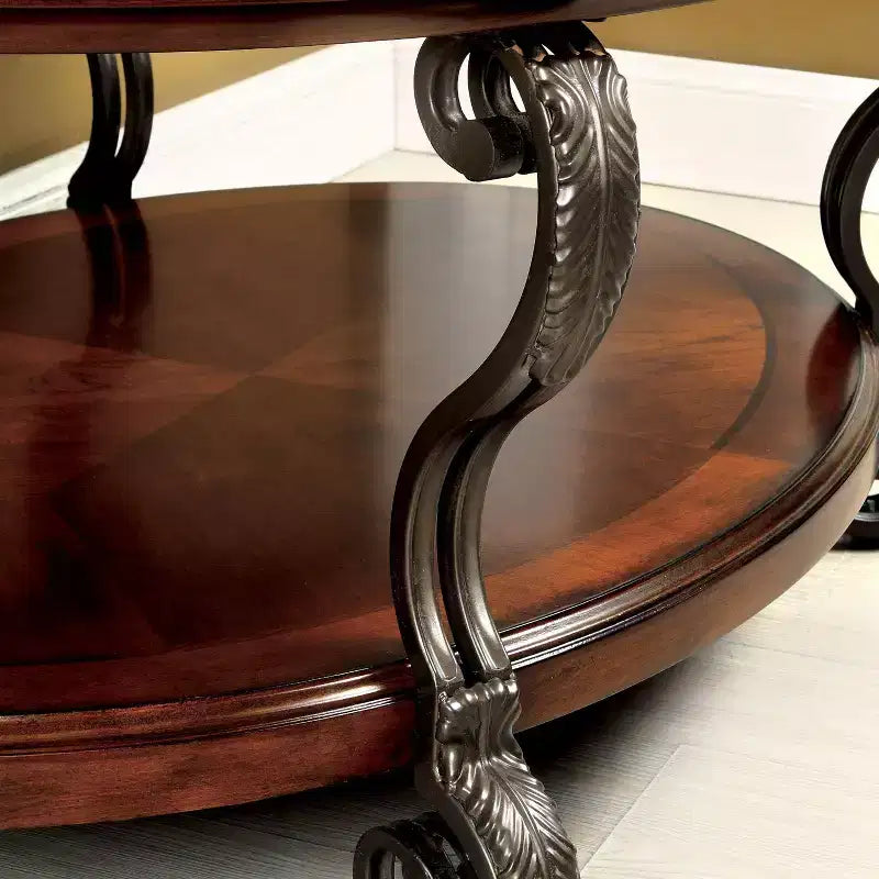 Table basse ovale marron avec plateau en verre et étagère de rangement ouverte
