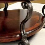 Table basse ovale marron avec plateau en verre et étagère de rangement ouverte